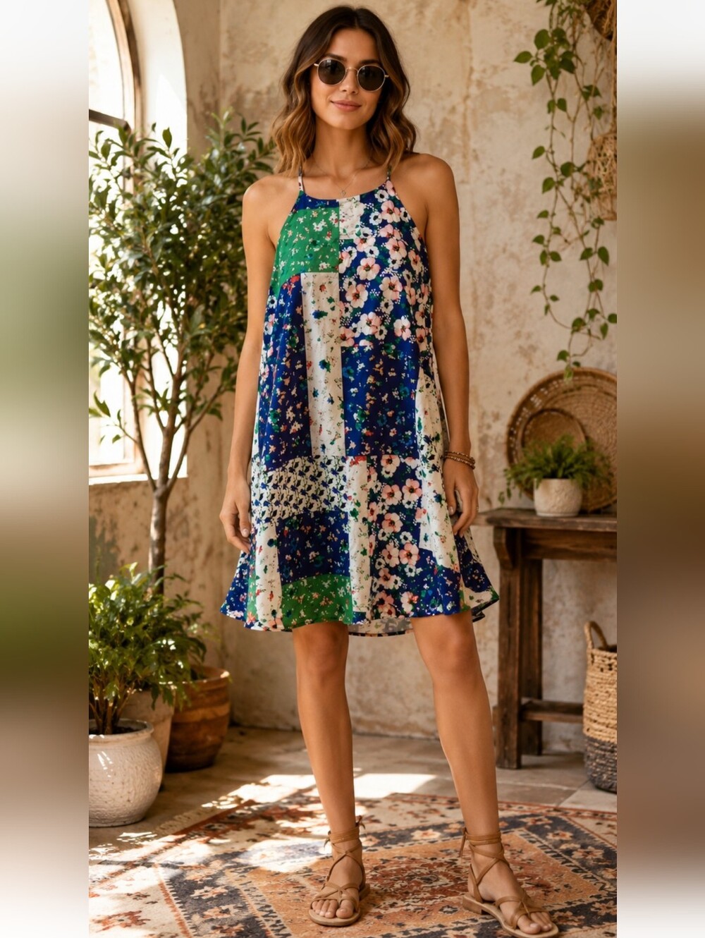 Fleur Bleu Patchwork Floral Halter Swing Dress Size 4 Blue Green Lined